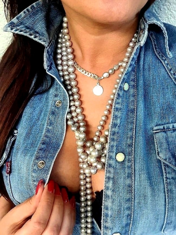 Choker ze srebrnych pereł Baroque z łańcuchem i monetą