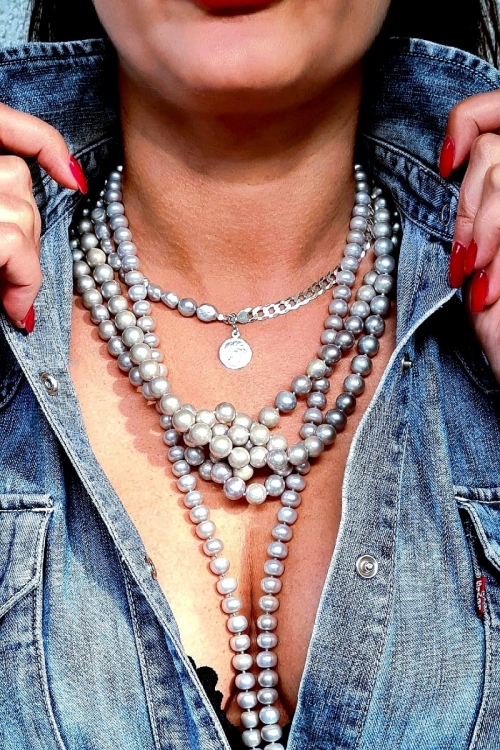 Choker ze srebrnych pereł Baroque z łańcuchem i monetą
