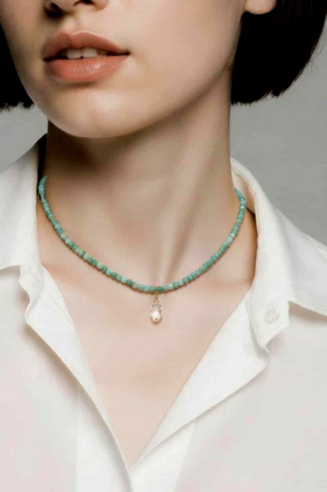 Choker z niebieskozielonego Amazonitu z Kryształem Górskim
