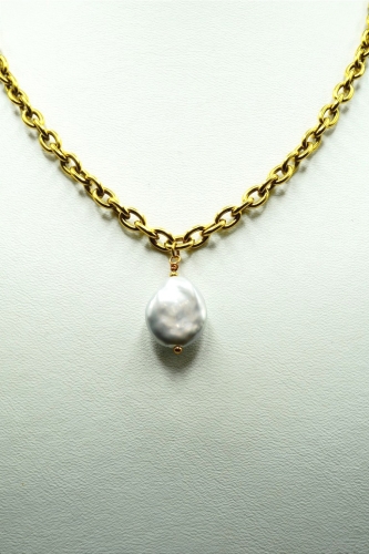 Złoty choker łańcuch ze srebrną perłą Coin