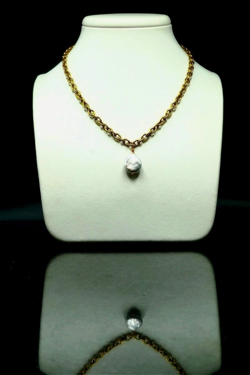 Złoty choker łańcuch ze srebrną perłą Coin