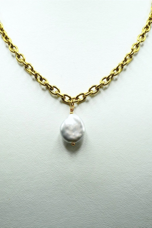 Złoty choker łańcuch ze srebrną perłą Coin